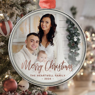 Ornamento De Metal Roteiro Dourado de Foto da Família Feliz Natal
