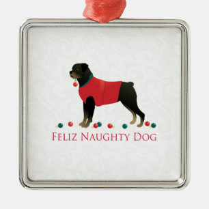 Ornamento De Metal Rottweiler Feliz Naughn, Design de Natal