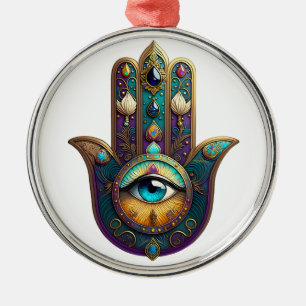 Ornamento De Metal Roxo Dourado Hamsa com Terceiro Olho Turquesa