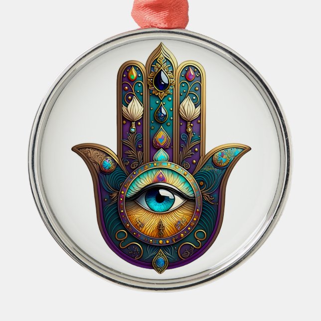 Ornamento De Metal Roxo Dourado Hamsa com Terceiro Olho Turquesa (Frente)