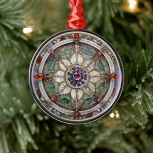 Ornamento De Metal Rubí, Ametista, Safira e Mandala de Pérola