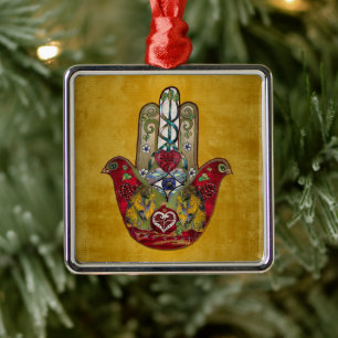 Ornamento De Metal Rubis Romã Coração Vermelho Pássaro Hamsa
