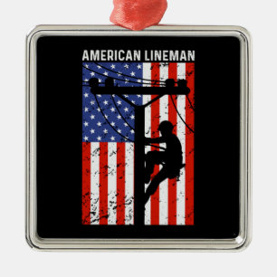 Ornamento De Metal Rustic Classic American Lineman USA Flag