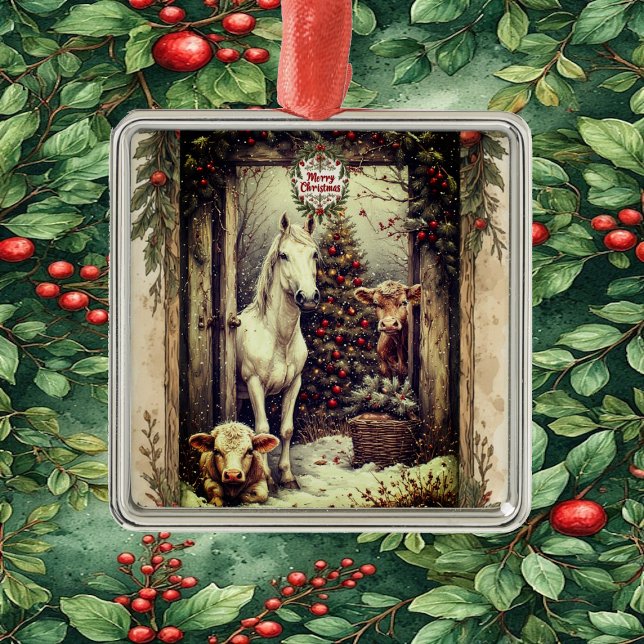 Ornamento De Metal Rustic Farmhouse Cow Horse Country Christmas Rural (Rustic Farmhouse Cow Horse Country Christmas Rural Metal Ornament)