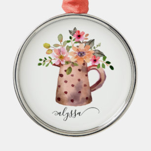 Ornamento De Metal Rustic Pitcher Peach & Mauve Watercolor Floral