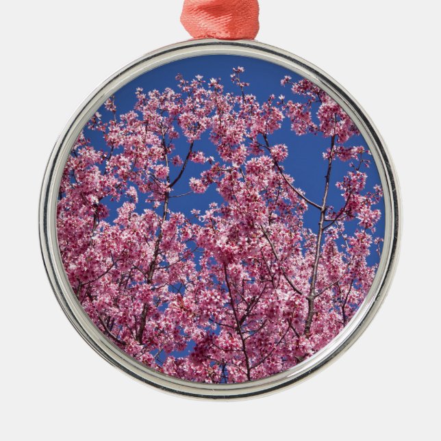 Ornamento De Metal Sakura Cherry Blossoms No Azul (Frente)