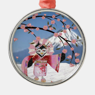 Ornamento De Metal Sakura Geisha Pássaro na Neve Flores de Cerejeira