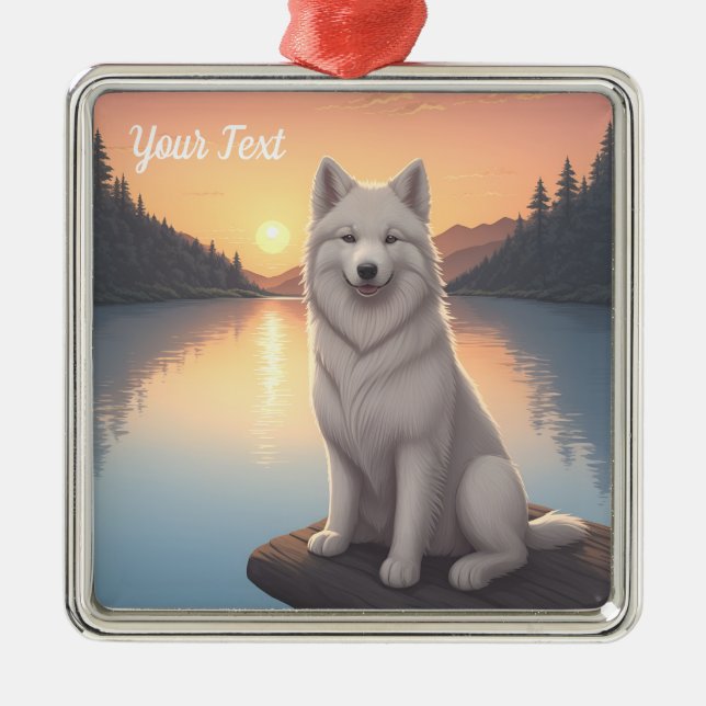 Ornamento De Metal Samoyed junto ao lago (Frente)