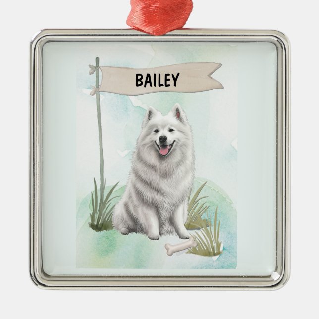 Ornamento De Metal Samoyed Watercolor Personalized Dog (Frente)