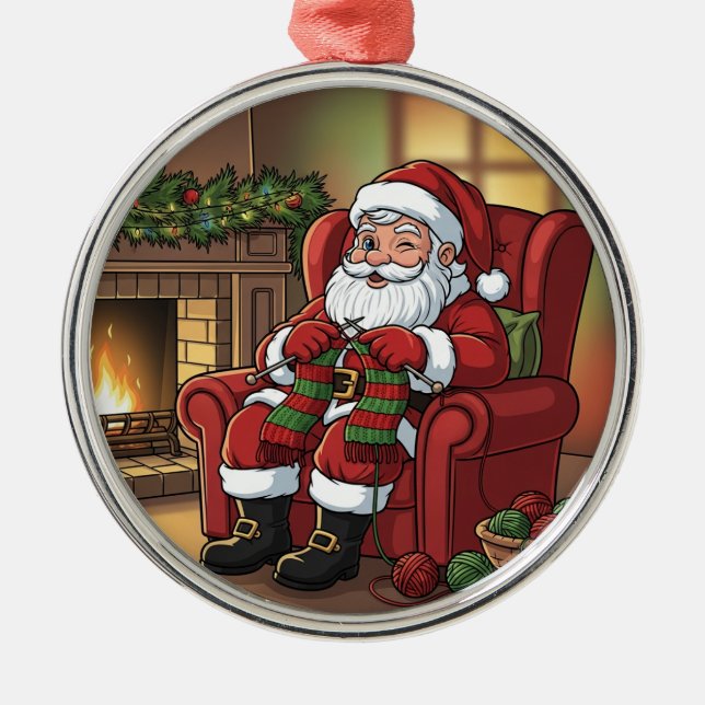Ornamento De Metal "Santa's Cozy Knitting Nook" Personalized (Frente)