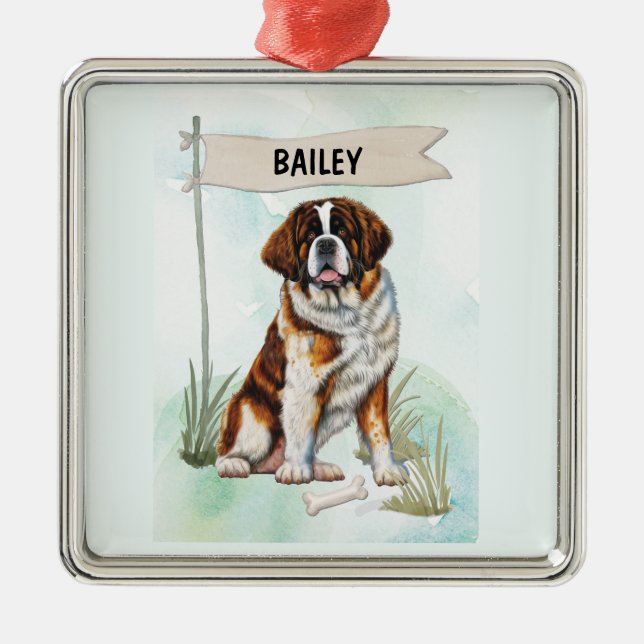 Ornamento De Metal São Bernardo Aquarela Cachorro Personalizado (Frente)
