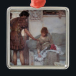 Ornamento De Metal Saudação Silenciosa (por Lawrence Alma-Tadema)<br><div class="desc">Esta design apresenta uma pintura do artista holandês Sir Lawrence Alma-Tadema (1836-1912). Mostra a um antigo soldado romano cumprimentando sua esposa colocando uma mão no ombro dela enquanto dorme. Ele também colocou algumas flores bonitas no colo dela como presente. A senhora está dormindo em um sofá; ela está vestindo um...</div>