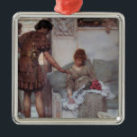 Ornamento De Metal Saudação Silenciosa (por Lawrence Alma-Tadema)<br><div class="desc">Esta design apresenta uma pintura do artista holandês Sir Lawrence Alma-Tadema (1836-1912). Mostra a um antigo soldado romano cumprimentando sua esposa colocando uma mão no ombro dela enquanto dorme. Ele também colocou algumas flores bonitas no colo dela como presente. A senhora está dormindo em um sofá; ela está vestindo um...</div>