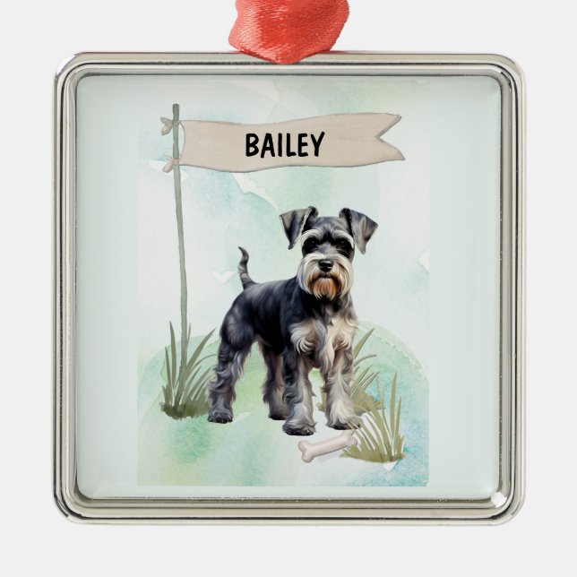 Ornamento De Metal Schnauzer Watercolor Personalized Dog (Frente)