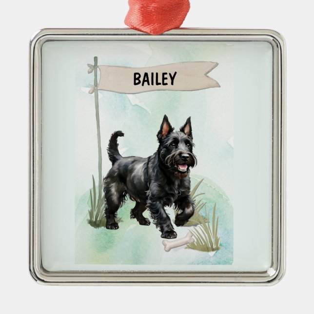 Ornamento De Metal Scottish Terrier Watercolor Personalized Dog (Frente)