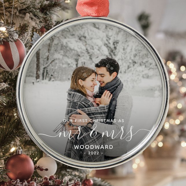 Ornamento De Metal Script Branco de Fotografia Personalizada do Natal (Criador carregado)