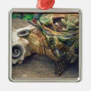 Ornamento De Metal Seashell Tea Kettle plantado com suculentos