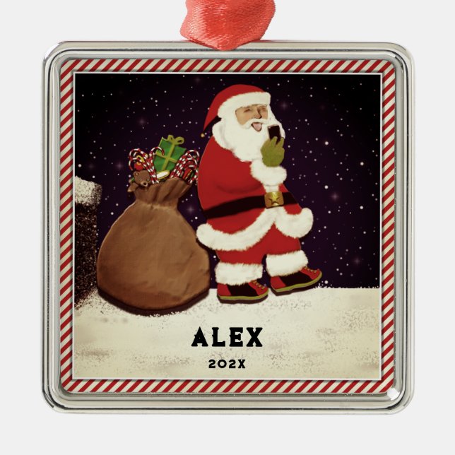 Ornamento De Metal Selfie do Papai Noel (Frente)
