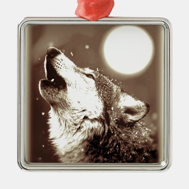 Ornamento De Metal Sepia Wolf & Moon (Frente)
