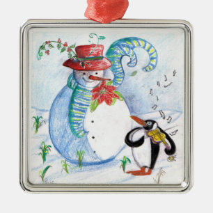 ORNAMENTO DE METAL SERENADE DE INVERNO DE SNOWMAN E PENGUIN