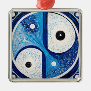 Ornamento De Metal Serenidade Geométrica: Yin Yang Azul e Branco