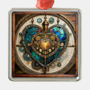 Ornamento De Metal Série Coração de Vidro Manchado Dourado Steampunk
