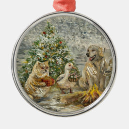 Ornamento De Metal Shared Warmth Whimsical Farmhouse Animals Campfire