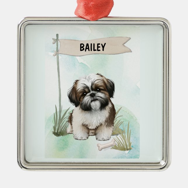 Ornamento De Metal  Shih Tzu Watercolor Personalized Dog (Frente)