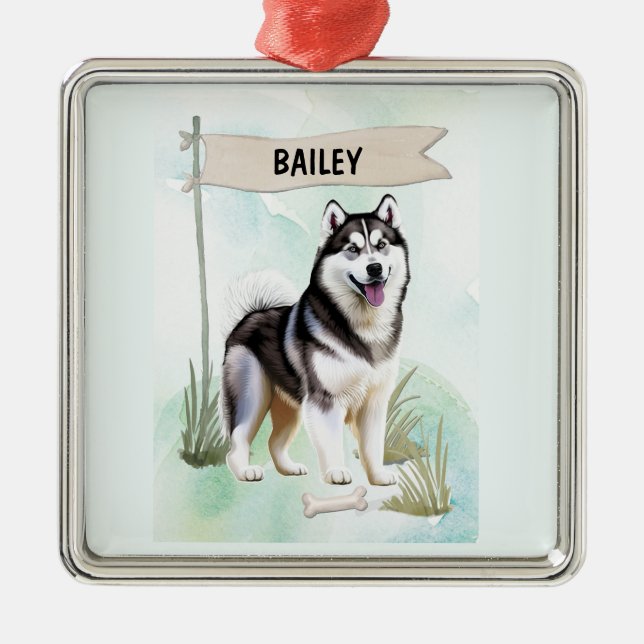 Ornamento De Metal Siberian Husky Watercolor Personalized Dog (Frente)