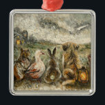 Ornamento De Metal Silent Watching Whimsical Farmhouse Animals<br><div class="desc">🐾 Silent Watching - Whimsical Dog and Friends Metal Ornament This painting captures a quiet circle of friends—a dog, a cat, a rabbit, a duck, and a hen—sitting together under the vastness of a stormy night sky. Gathered near an old barn by the soft light of a lantern, they share...</div>