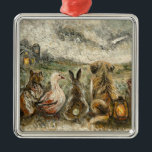 Ornamento De Metal Silent Watching Whimsical Farmhouse Animals<br><div class="desc">🐾 Silent Watching - Whimsical Dog and Friends Metal Ornament This painting captures a quiet circle of friends—a dog, a cat, a rabbit, a duck, and a hen—sitting together under the vastness of a stormy night sky. Gathered near an old barn by the soft light of a lantern, they share...</div>