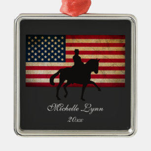 Ornamento De Metal Silhouette Dressage Horse e American Flag EUA
