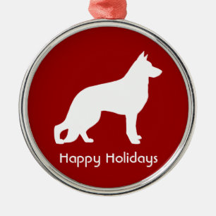 Ornamento De Metal Silhueta branca do german shepherd com texto