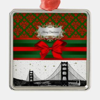 Ornamento De Metal Silhueta de São Francisco Vermelho Verde Damask #2