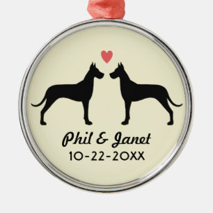 Ornamento De Metal Silhuetas de great dane com coração e texto