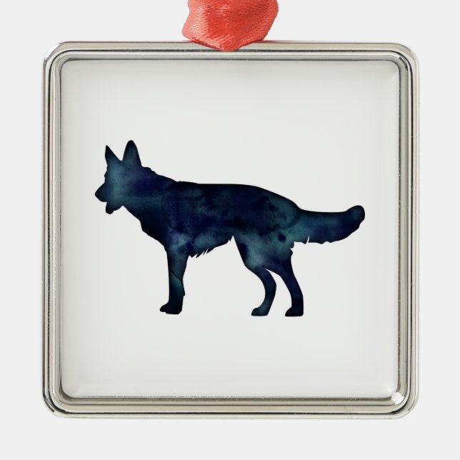 Ornamento De Metal Silhuette german shepherd Black Watercolor (Frente)