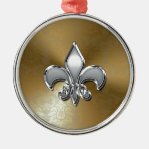 Ornamento De Metal Silver Fleur-De-Lis no Dourado Damasco