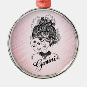 Ornamento De Metal Símbolo Gemini Zodiac e Sinal Rosa