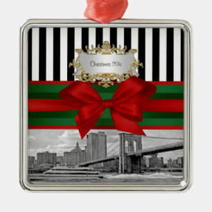 Ornamento De Metal Skyline NYC Brooklyn Bridge Xmas Blk Whp Strp #2