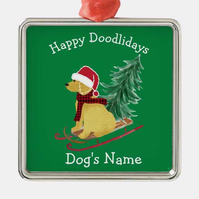 Ornamento De Metal Sled de Natal Personalizado de Goldendoodle (Frente)