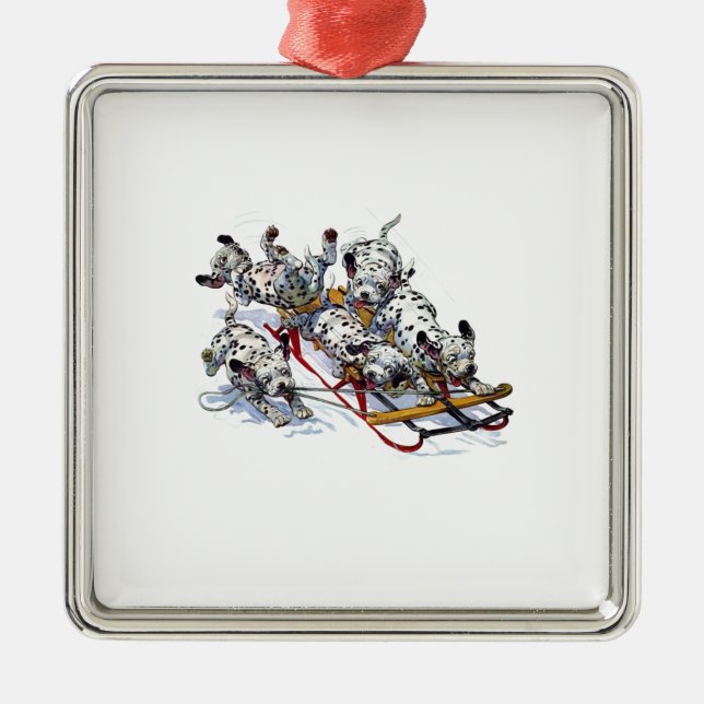 Ornamento De Metal Sledding Dalmatian dos filhotes de cachorro (Frente)