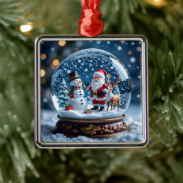 Ornamento De Metal Snow globe with Santa, a Reindeer and Snowman