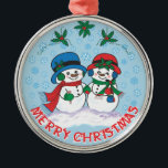 Ornamento De Metal Snowman<br><div class="desc">Personalize este Enfeites de natal único de "um tipo"! Ele Apresenta o Sr. & Sra. Frosty O Homem das Neves Pegando um Balão de Natal Mágico através de uma "Terra das Neves do Inverno"! Pintura de arte original do artista Kerry Miller.</div>
