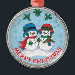 Ornamento De Metal Snowman<br><div class="desc">Personalize este Enfeites de natal único de "um tipo"! Ele Apresenta o Sr. & Sra. Frosty O Homem das Neves Pegando um Balão de Natal Mágico através de uma "Terra das Neves do Inverno"! Pintura de arte original do artista Kerry Miller.</div>