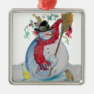 ORNAMENTO DE METAL SNOWMAN BÊBADO COM AVES FESTA DE FERIADO DO INVERN
