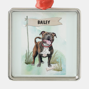 Ornamento De Metal Staffordshire Bull Terrier Aquarela Personalizada