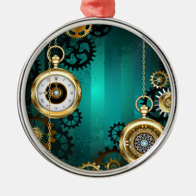 Ornamento De Metal Steampunk Jewelry Watch em um fundo verde (Frente)