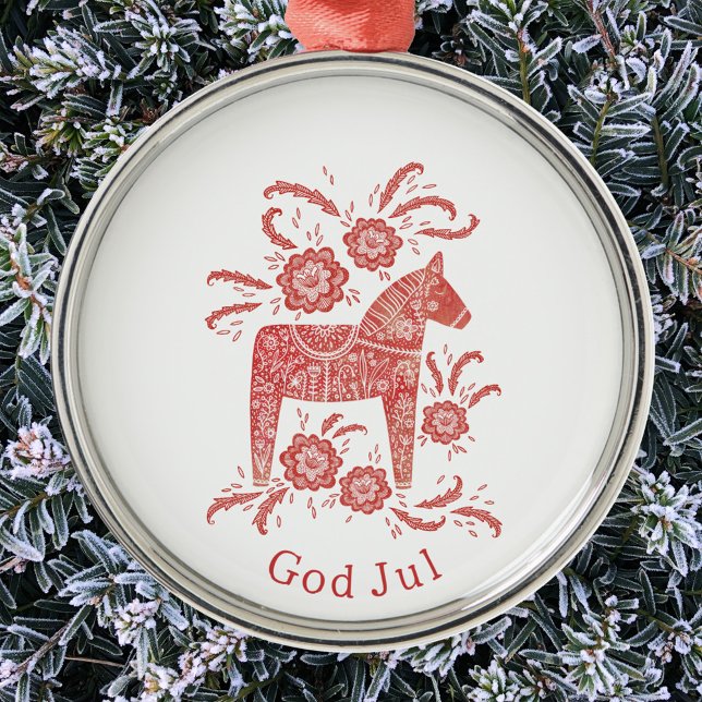 Ornamento De Metal Sueco Dala Horse God Jul (Swedish Dala Horse God Jul metal Christmas tree ornament)