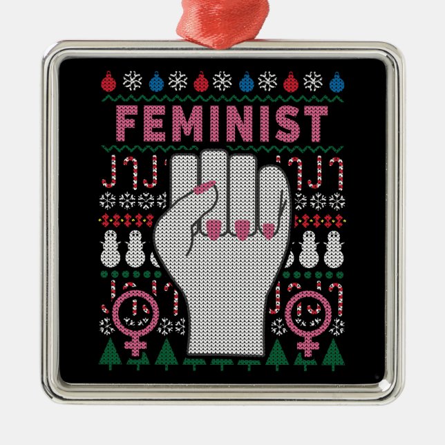 Ornamento De Metal Suéter de Natal Feio e Potente Feminista (Frente)