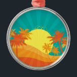 Ornamento De Metal Surf tropical de Sunset Beach design<br><div class="desc">Com um design de praia retrortropical ao pôr do sol com palmeiras. Esse design surf é de cores vermelho,  laranja e amarelo e traz à mente um resort quente de praia tropical no verão. Para amantes do sol,  surf e areia e pôrs do sol tropicais.</div>